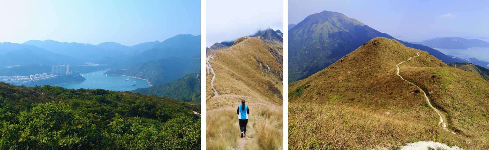 Senderos de montaña en Lantau con vistas al mar, colinas verdes y rutas de trekking populares en Hong Kong.
