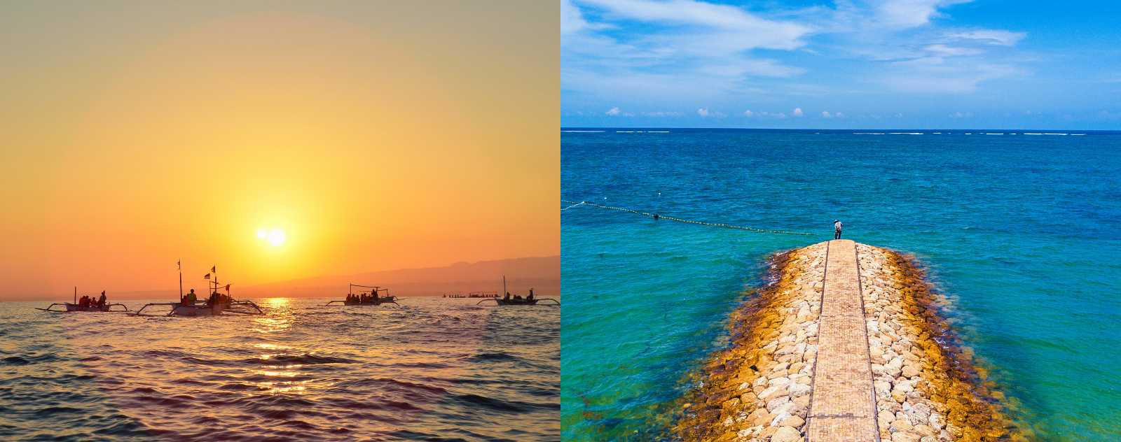 Sunset over the Bali Sea with traditional boats and a stone pier surrounded by turquoise waters