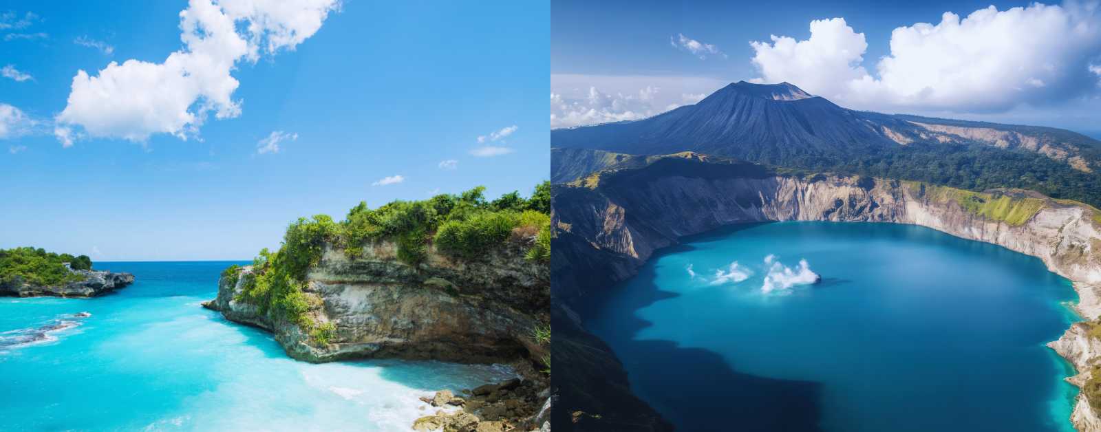 Nusa Penida's coastal landscapes, featuring dramatic cliffs, rock formations, and beaches with crystal-clear blue waters.