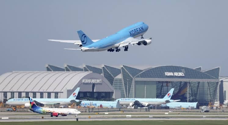 Korean Air and Asiana Airlines aircraft at an airport in South Korea, with a Korean Air plane taking off overhead.