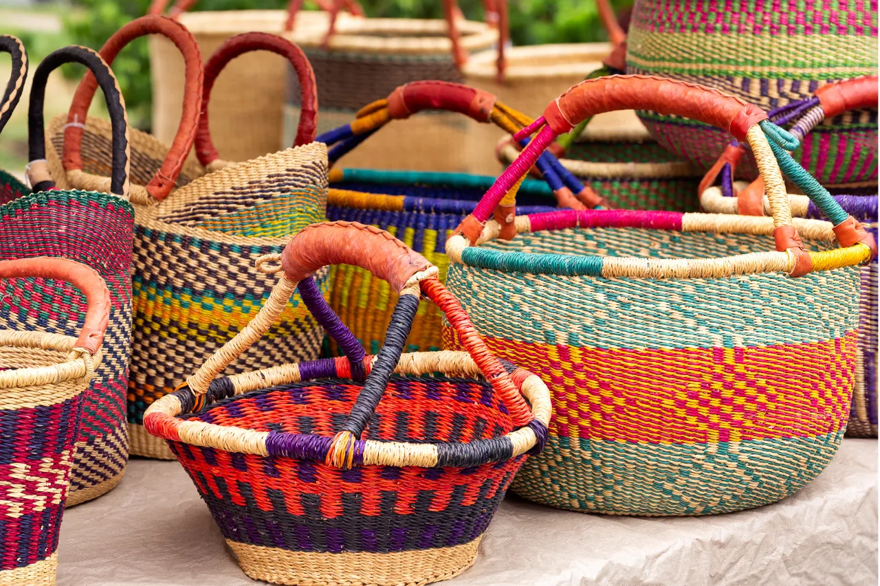 A bunch of hand-woven baskets