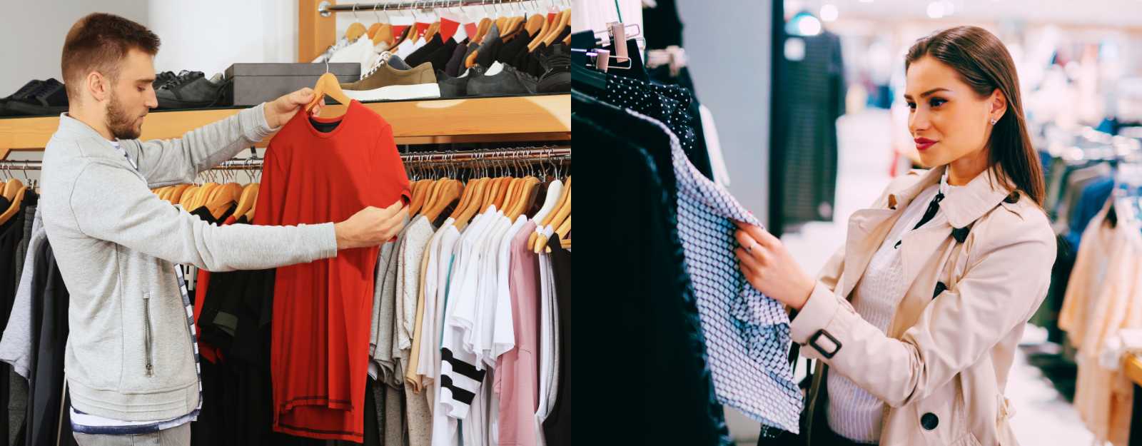 Clientes revisando ropa en una tienda de moda durante una jornada de compras