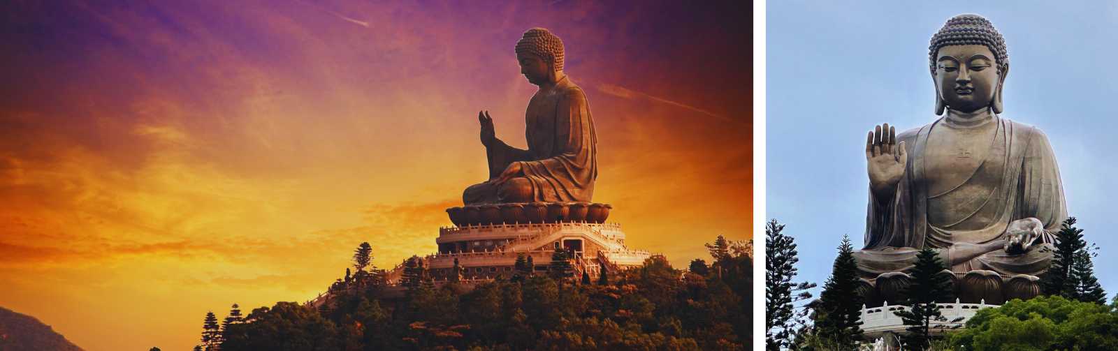 Gran Buda de Tian Tan en Lantau al atardecer, rodeado de colinas y con un cielo de tonos dorados y púrpura