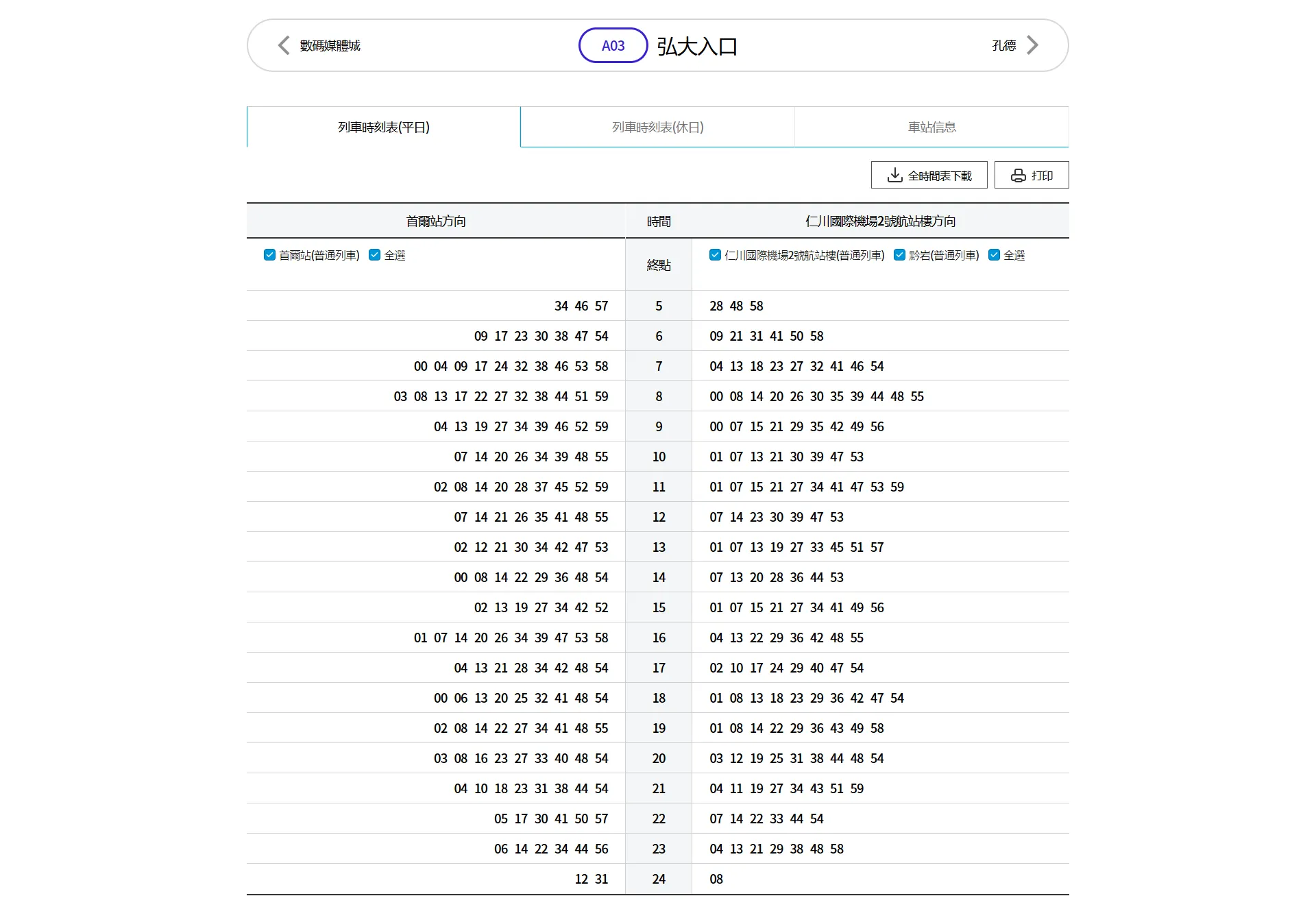 AREX Hongdae Station Timetable - Weekdays