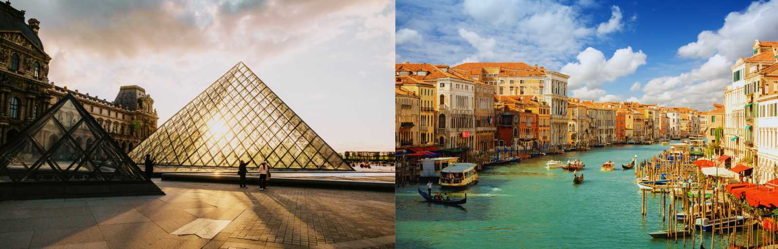 Pirámide del Museo del Louvre en París junto a un canal de Venecia con góndolas