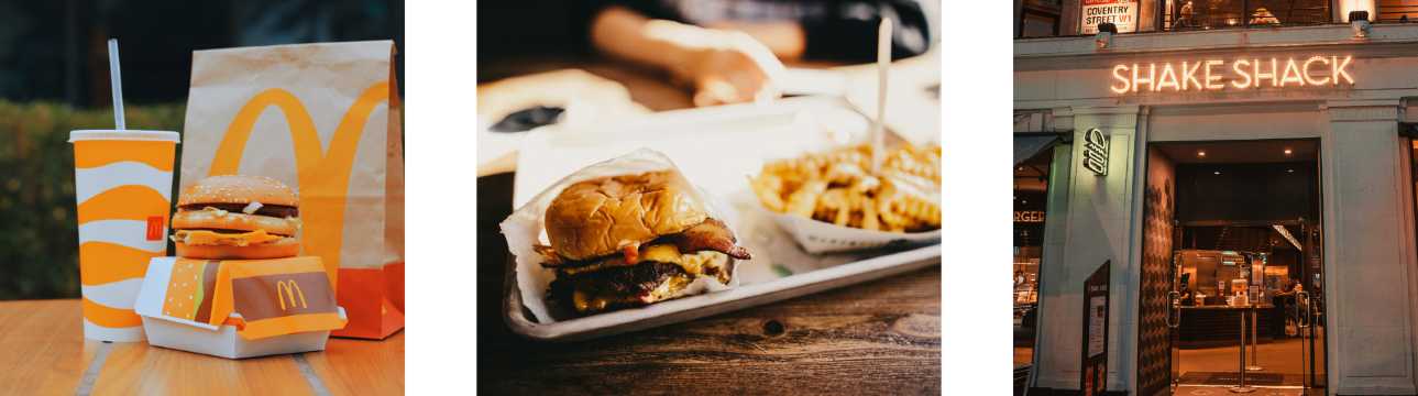 Collage de restaurantes de comida rápida en aeropuerto con hamburguesas, menús y locales iluminados