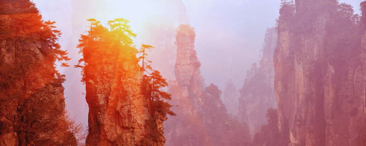 Formaciones rocosas de Zhangjiajie iluminadas por la luz del atardecer entre la niebla.