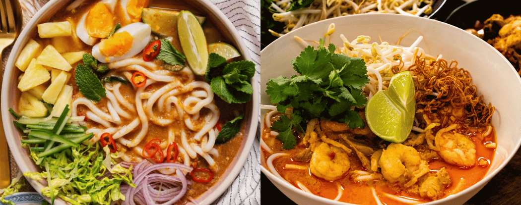 Bols de laksa aux nouilles, bouillon épicé, herbes fraîches et fruits de mer