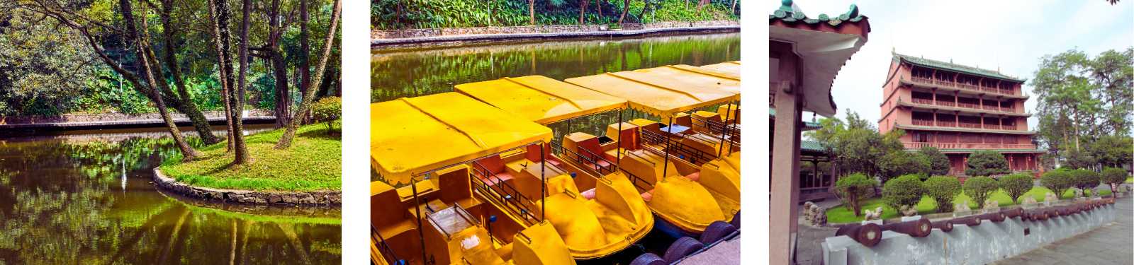 A collage of a park in Guangzhou featuring a lake and trees, yellow boats moored, and a traditional building with a green roof