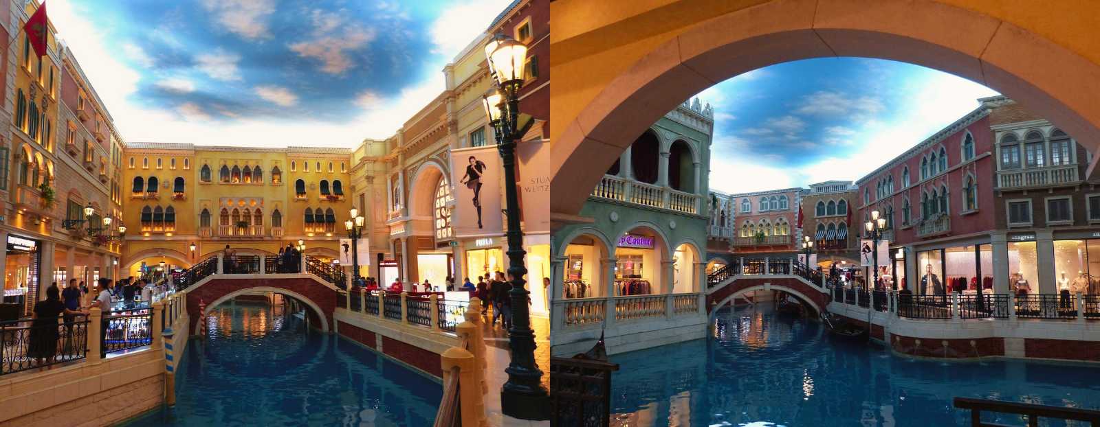 Inside The Venetian Macao with artificial canals, bridges and Venetian-style façades beneath a recreated sky