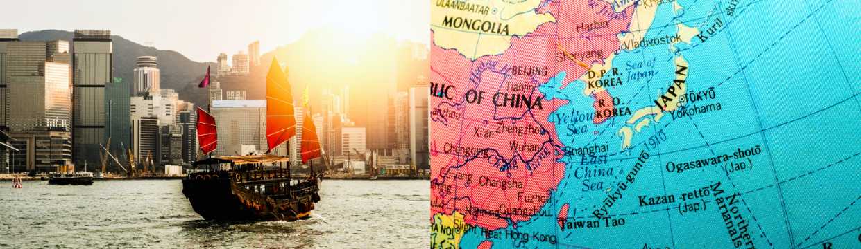 Traditional junk boat in Hong Kong harbour alongside a map of China and Japan, planning your trip to Asia