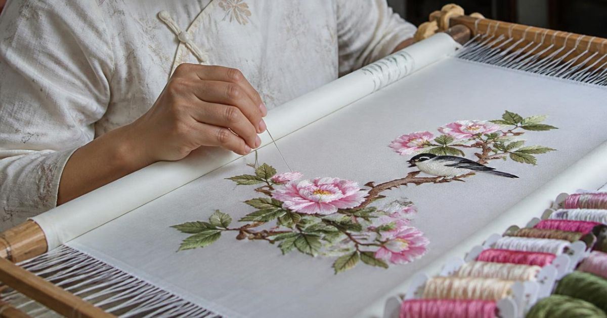 Detalle de un bordado Su elaborado con hilos de seda en Suzhou.