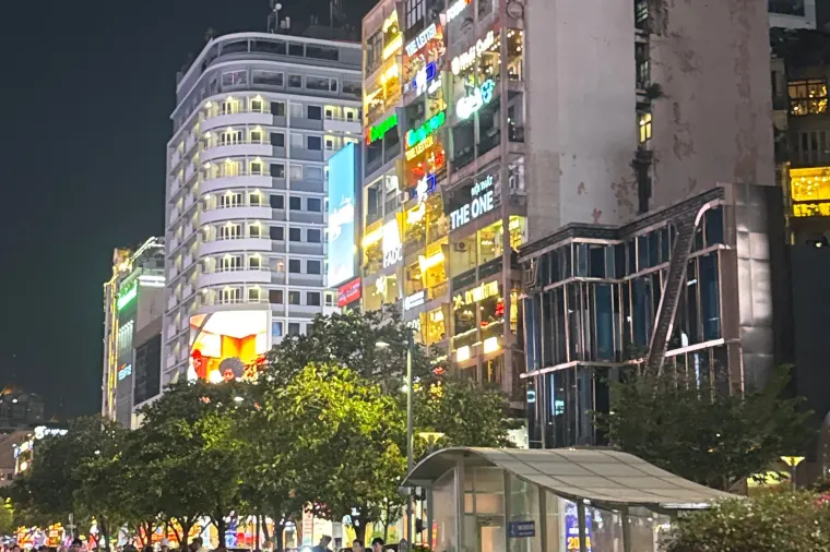 lit up buildings along Nguyen Hue Walking Street
