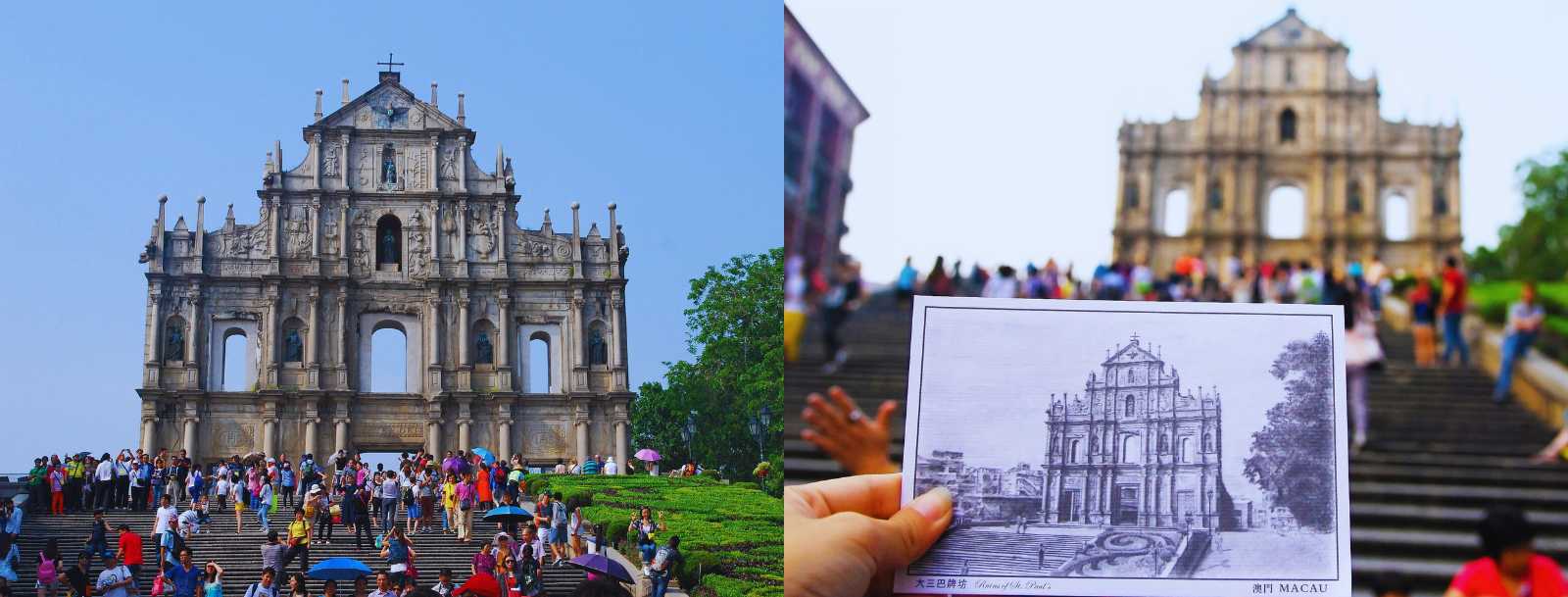 Ruins of St. Paul’s in Macau with numerous visitors, alongside a tourist holding a drawing of the monument in front of the façade