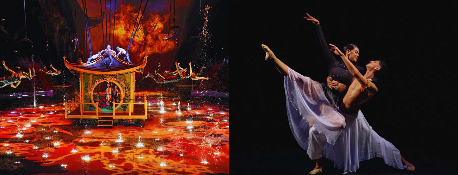 Aquatic show stage in Macau featuring suspended acrobats and illuminated platforms, alongside professional dancers performing in a theatre