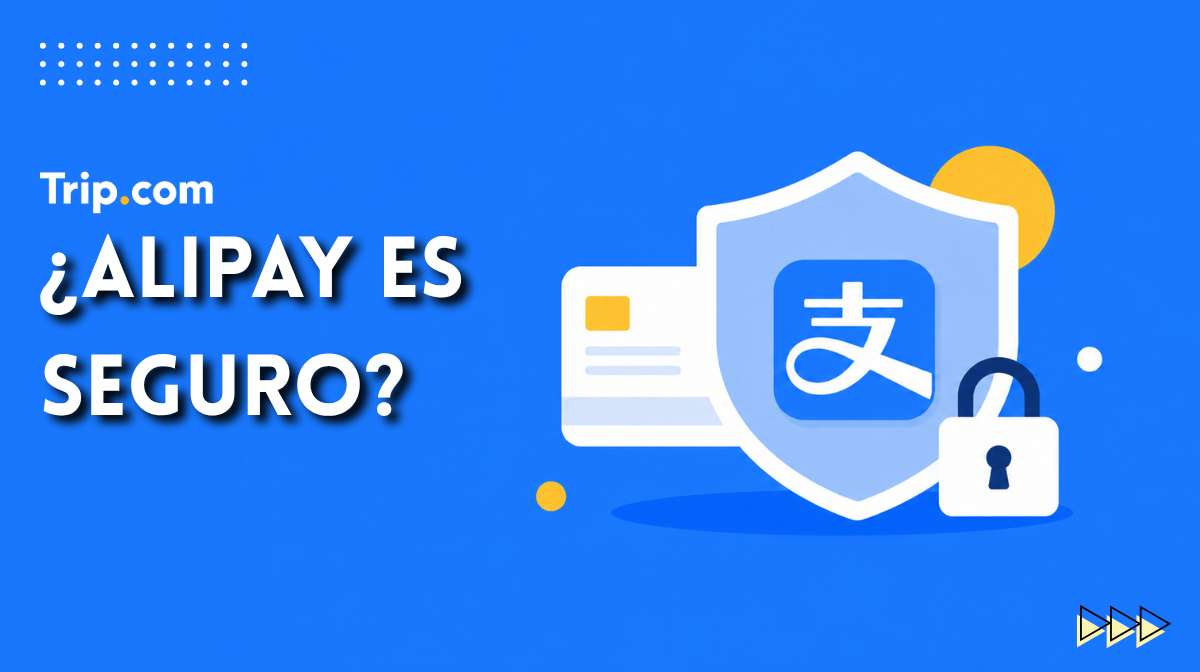 Ilustración sobre la seguridad de Alipay con escudo de protección, tarjeta bancaria y candado digital