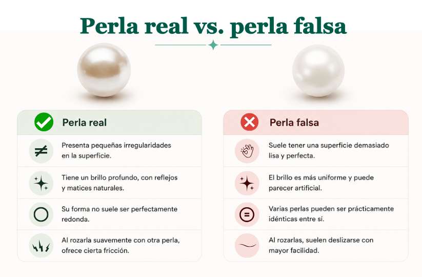 Infografía comparativa "Perla real vs. perla falsa" con características de superficie, brillo, forma y textura de cada tipo