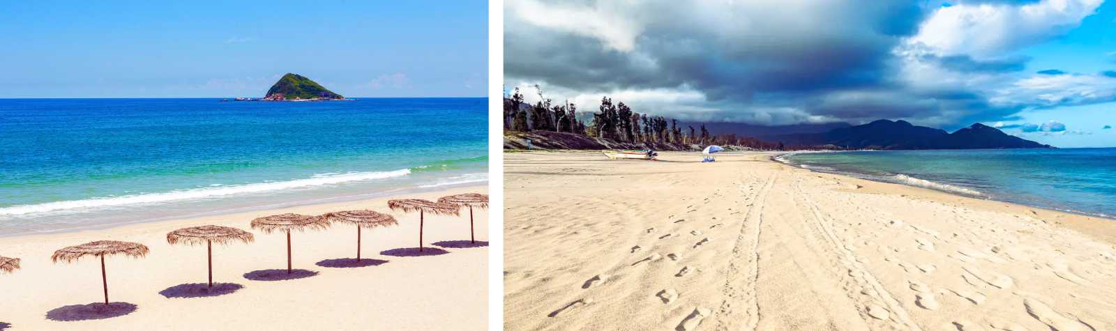 Collage of pale sandy beaches with parasols and a sweeping coastline under a partially cloudy sky