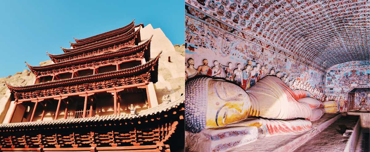 Cuevas de Mogao en Dunhuang y estatua de Buda