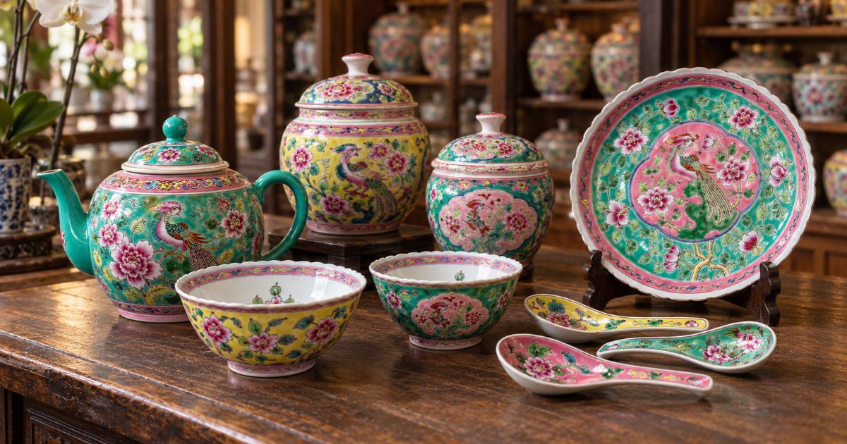 Vajilla de porcelana Peranakan con motivos florales y aves en tonos rosas, verdes, turquesas y amarillos.