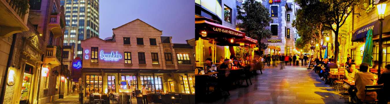 Collage of illuminated historic buildings and a bustling street with outdoor terraces and restaurants at dusk
