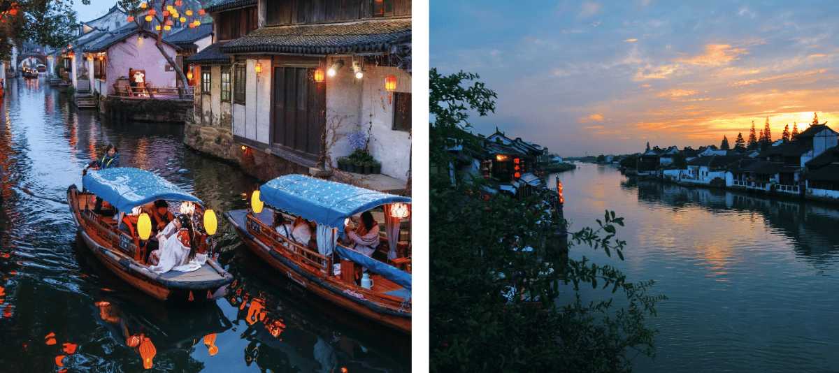 Paseo en barca por canal iluminado al atardecer en Zhujiajiao