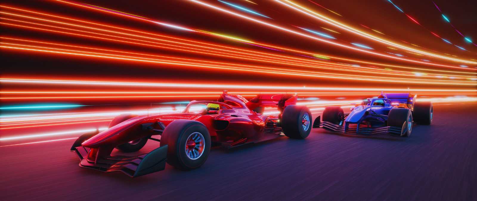 Two racing cars competing at high speed on a track with dynamic lights in shades of red and orange