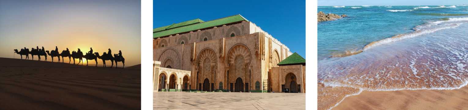 Caravana de camellos avanzando por el desierto al atardecer, Mezquita Hassan II y playa atlántica