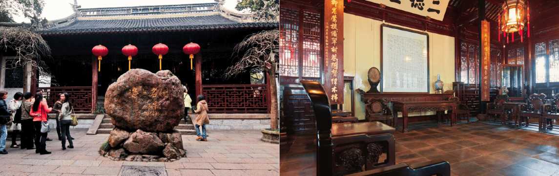 Gran roca ornamental frente a pabellón tradicional con farolillos rojos en el Jardín Yuyuan de Shanghái.