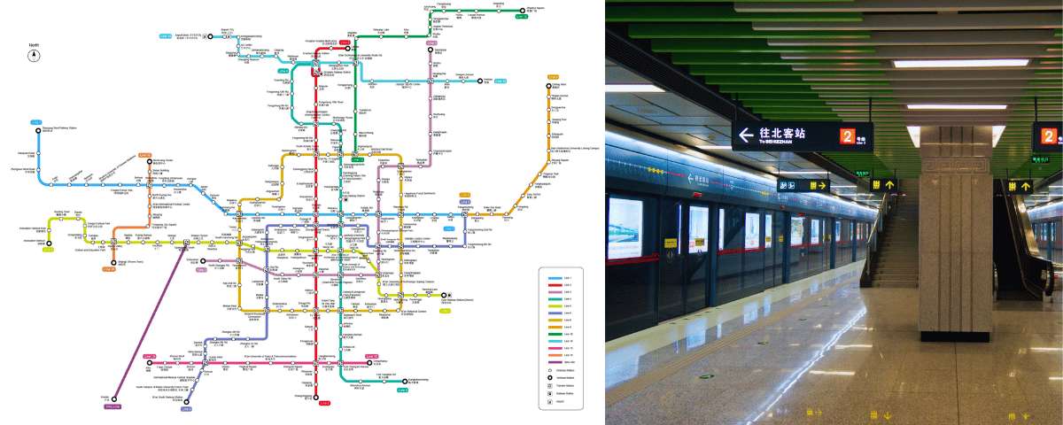Mapa del metro de Xi’an y estación moderna, transporte público clave para moverse por la ciudad