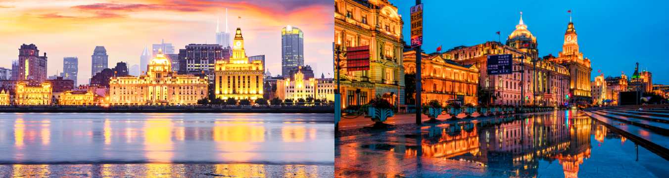 Collage del Bund de Shanghái iluminado al anochecer con reflejos en el agua