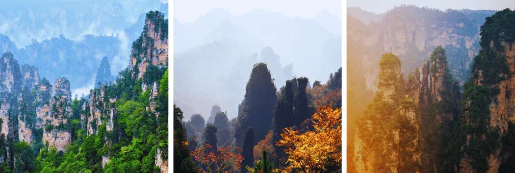 Drei Panoramablicke auf die Granitgipfel, Berge und Sonnenaufgänge des Huangshan-Nationalparks