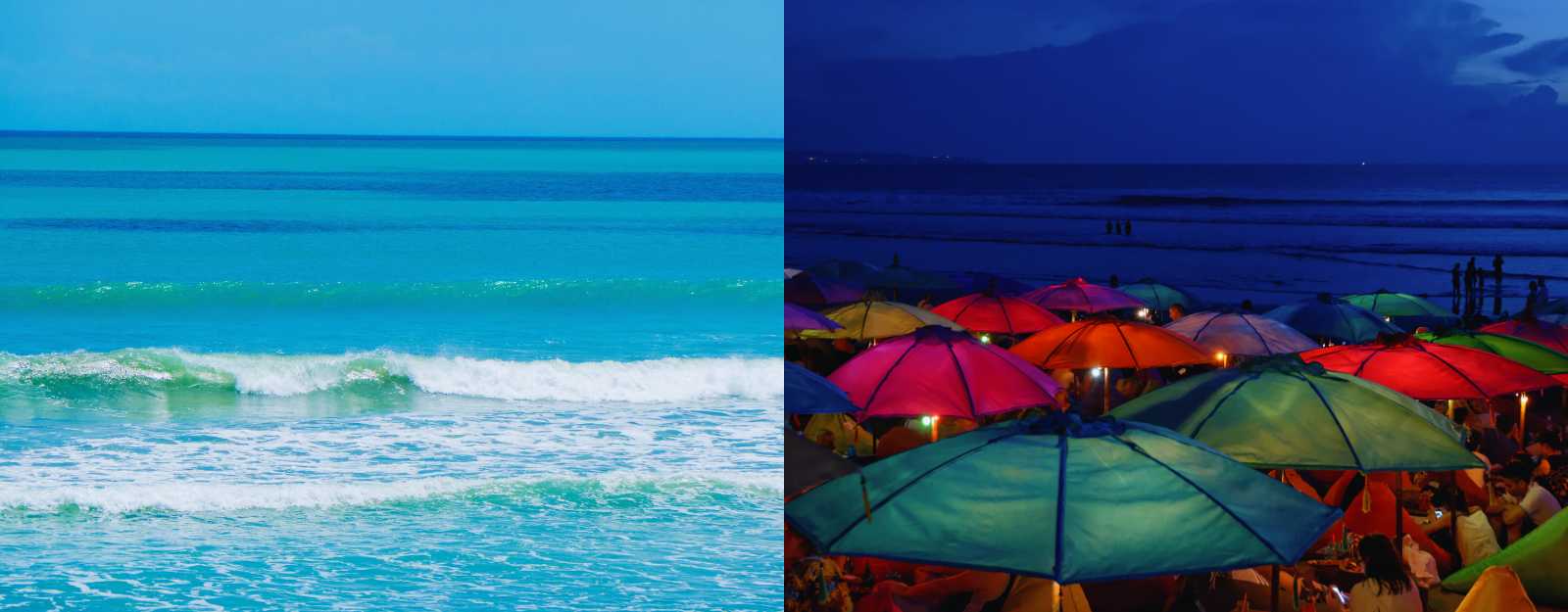 The Bali coast by day with gentle waves and a magical evening beach atmosphere with illuminated parasols.
