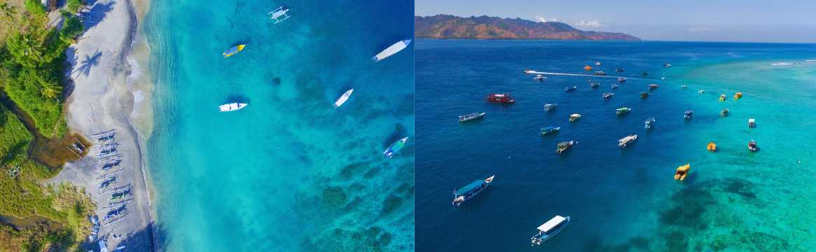 Vista aérea de la costa de Lombok con barcos tradicionales navegando en aguas azul intenso