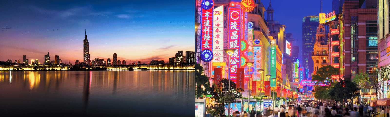 Skyline moderno de Shanghái al atardecer junto a calle comercial con neones y tiendas en Nanjing Road.
