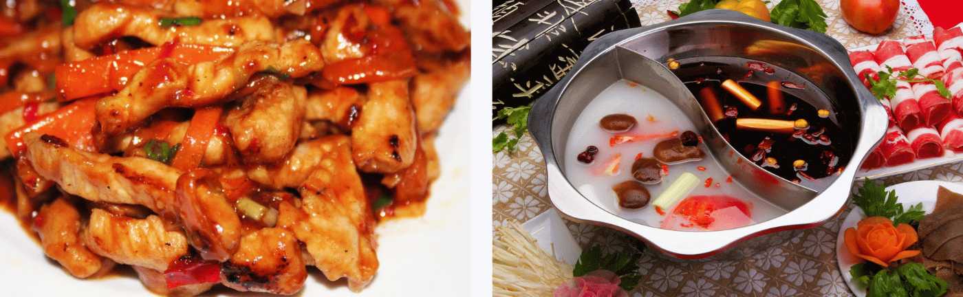 Poulet sauté aux légumes en sauce et fondue chinoise (hot pot) aux deux bouillons, une belle illustration de la diversité des saveurs de la cuisine chinoise
