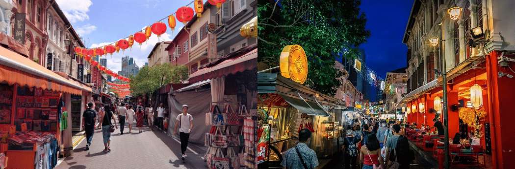 L'atmosphère de Chinatown à Singapour, de jour comme de nuit, avec ses lanternes décoratives.