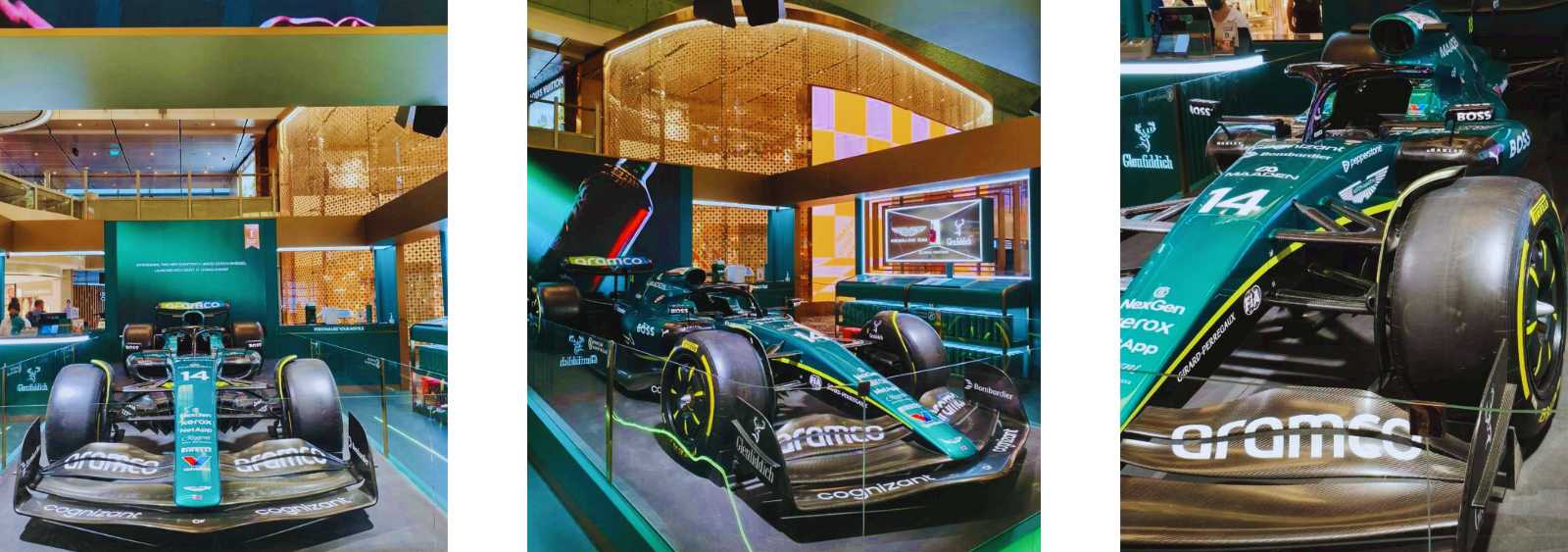 Un'auto di Formula 1 Aston Martin in mostra in un ambiente elegante e moderno