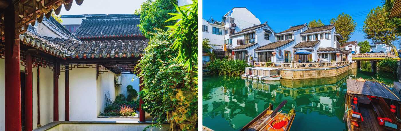 Cortile tradizionale cinese e canale a Tongli con case bianche, tetti scuri e imbarcazioni sull'acqua
