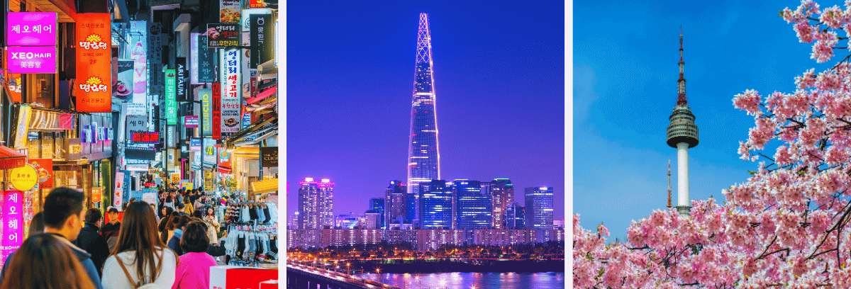 Seoul collage: Myeongdong shopping street at night, illuminated Lotte World Tower and Namsan Tower amidst cherry blossoms