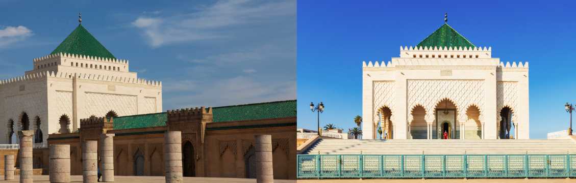 Mausoleo de Mohamed V en Rabat con arquitectura blanca y tejado verde visto desde la explanada