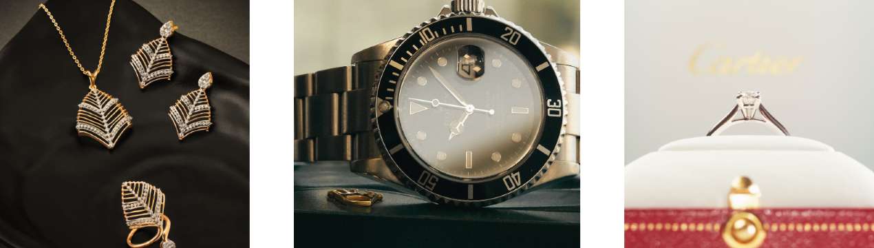 Collage de artículos de lujo con joyería, reloj de alta gama y anillo en estuche
