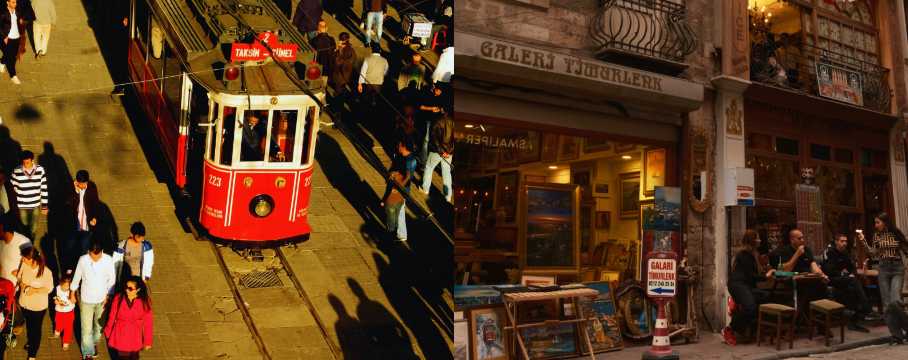 A historic red tram trundling along Istiklal Avenue, past an art gallery and traditional cafes.