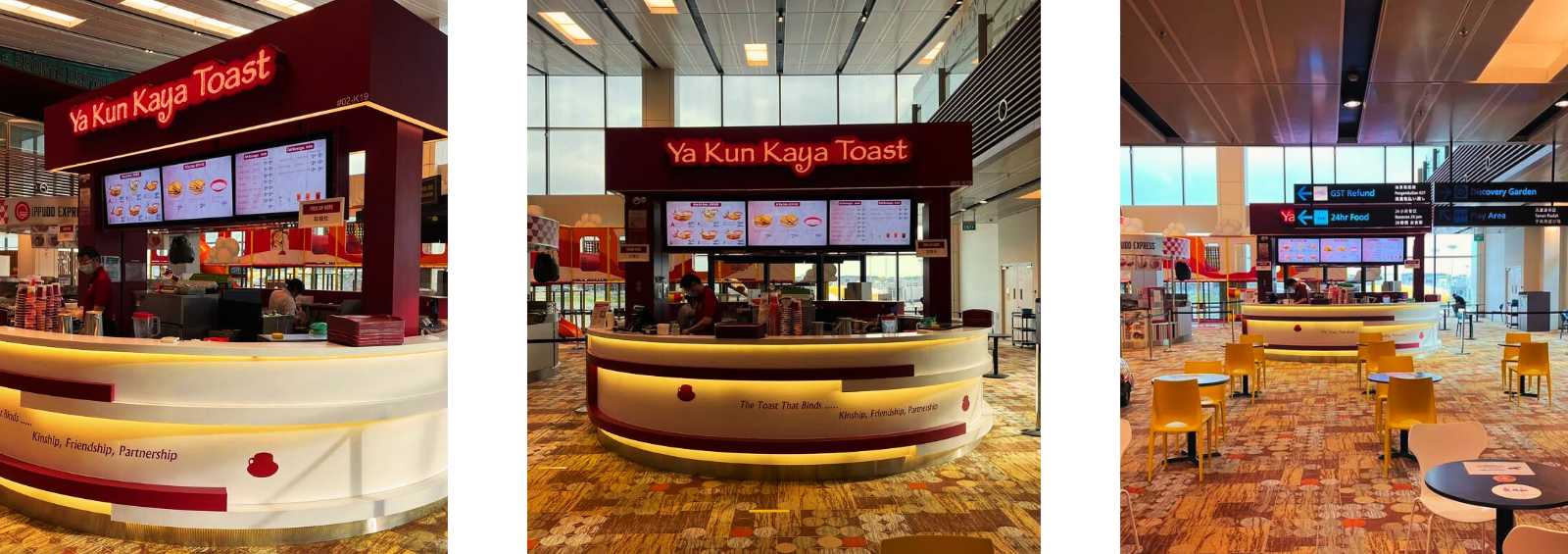 L'area ristoro di Ya Kun Kaya Toast all'aeroporto di Singapore, con bancone e tavoli.