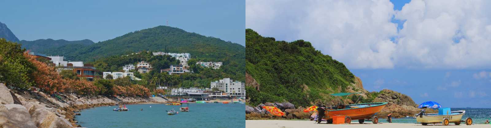 Playa y costa de Lantau con barcos de pesca, colinas verdes y zonas residenciales junto al mar.
