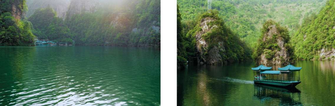 Der Baofeng-See in Zhangjiajie: Ein traditionelles Boot inmitten grüner Berge