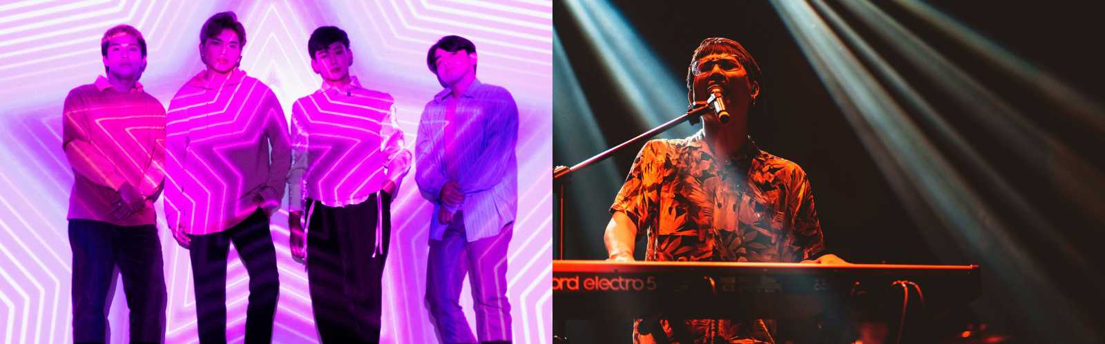 Collage con un grupo de músicos coreanos bajo luces neón y un cantante tocando teclado en un concierto iluminado