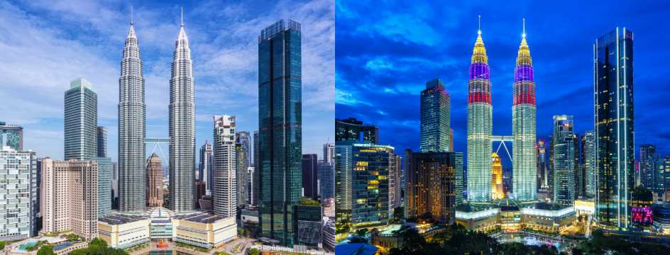 Comparing the Petronas Towers by day and night in Kuala Lumpur.