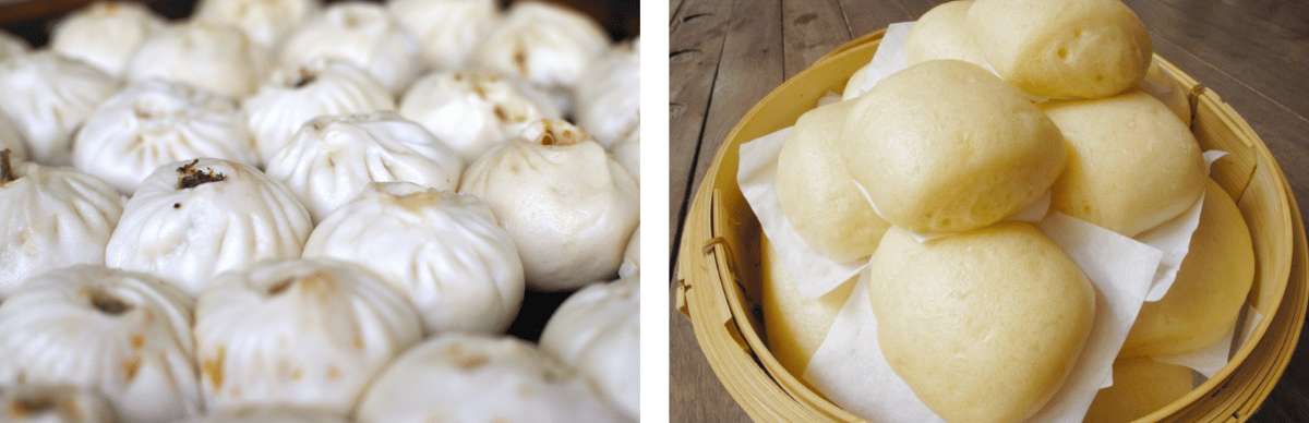 Bollos al vapor baozi en cesta de bambú, desayuno típico chino en Pekín