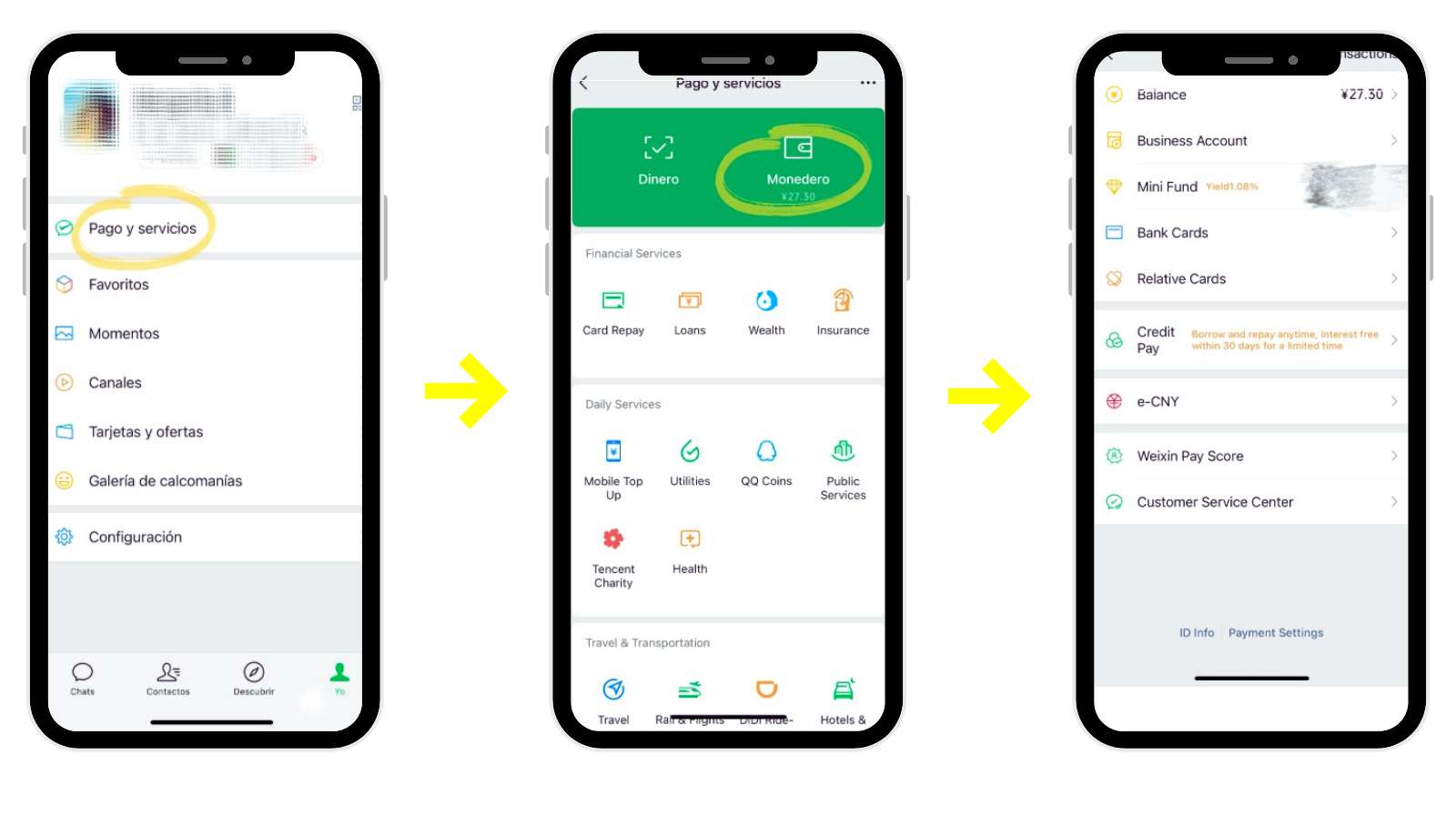 Pantallas de la app WeChat mostrando el acceso a Pago y servicios y al monedero digital